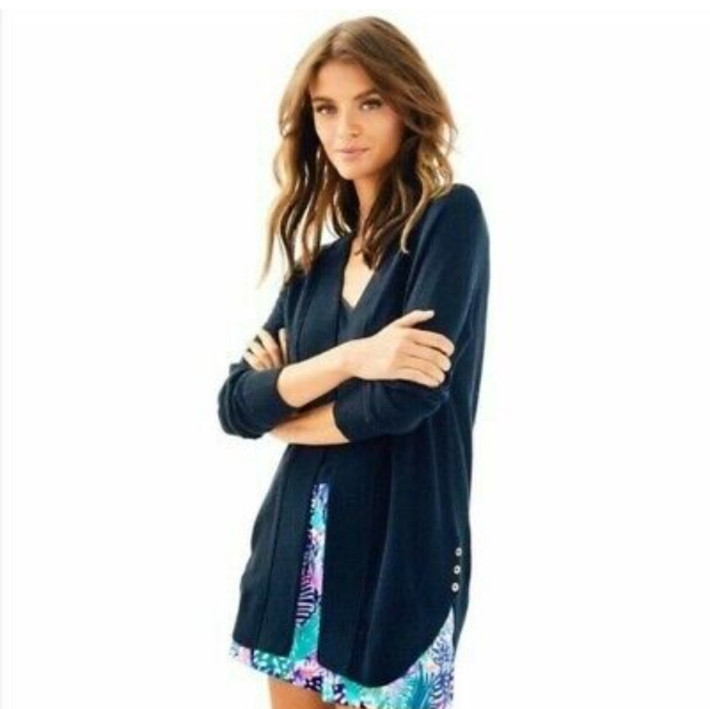 Lilly Pulitzer Micaila Cardigan Navy Metallic Curved Hem Cotton/Linen Blend, XS